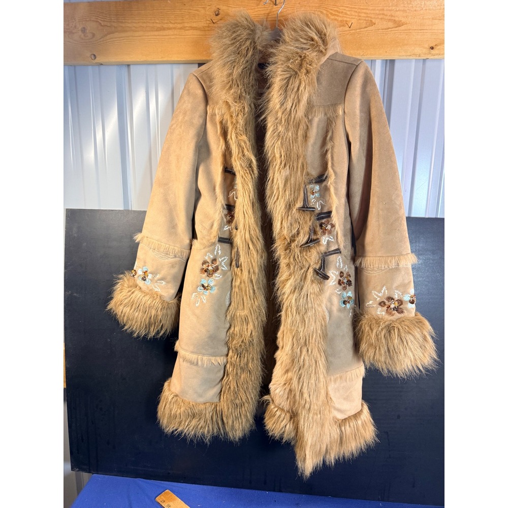Blanc Noir Suede Faux Fur Trim Embroidered Coat Womens S Tan Excellent Boho